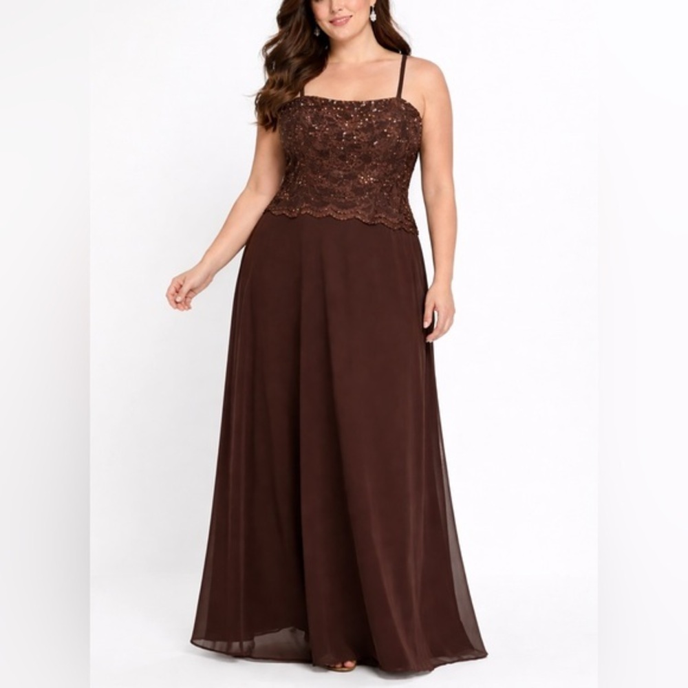 Merrily Cocoa Brown Sequin Lace Evening Gown w/ Sheer Cardigan Size 14 NWT